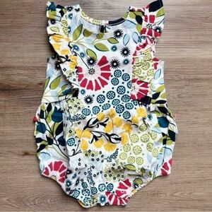 Tea Collection Floral Ruffle Bubble Romper 6–9 Months Cotton White Blue Yellow